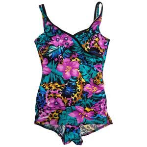 Vtg 1990s Mainstream Purple Teal Floral Leopard Skirted One Piece Swimsuit 14